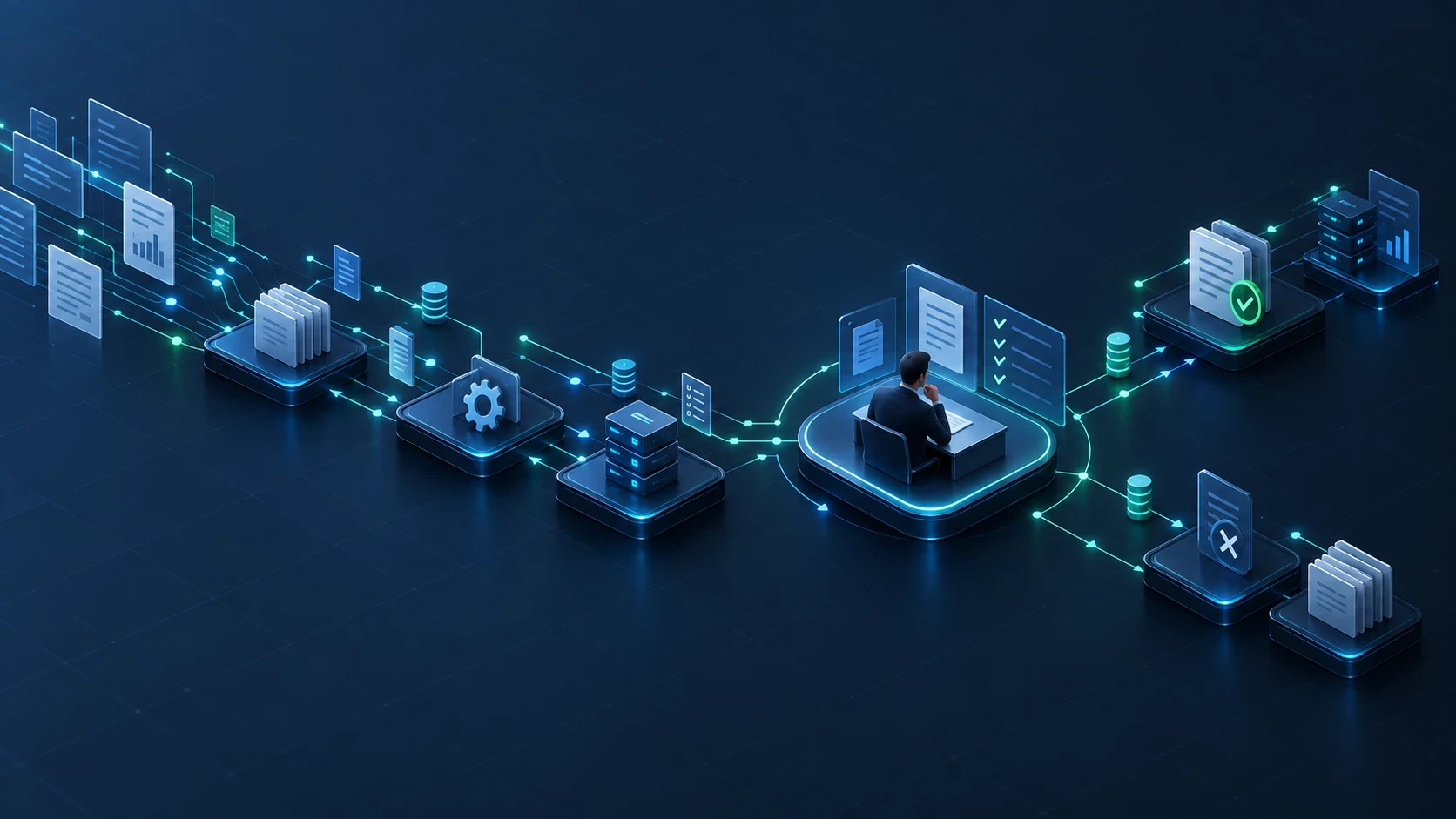 Isometric diagram of a regulatory technology environment: an analyst at the centre, connected through a shared integration and workflow layer to surrounding document, data, reporting and approval systems.