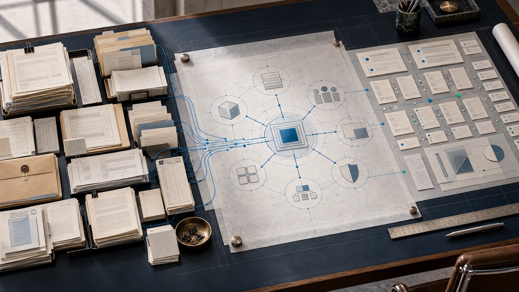 A desk with stacks of paper forms, folders and index cards on the left, blue lines running from them into a central blueprint diagram of connected data domains, and tidy dashboard-style report cards arranged on the right.