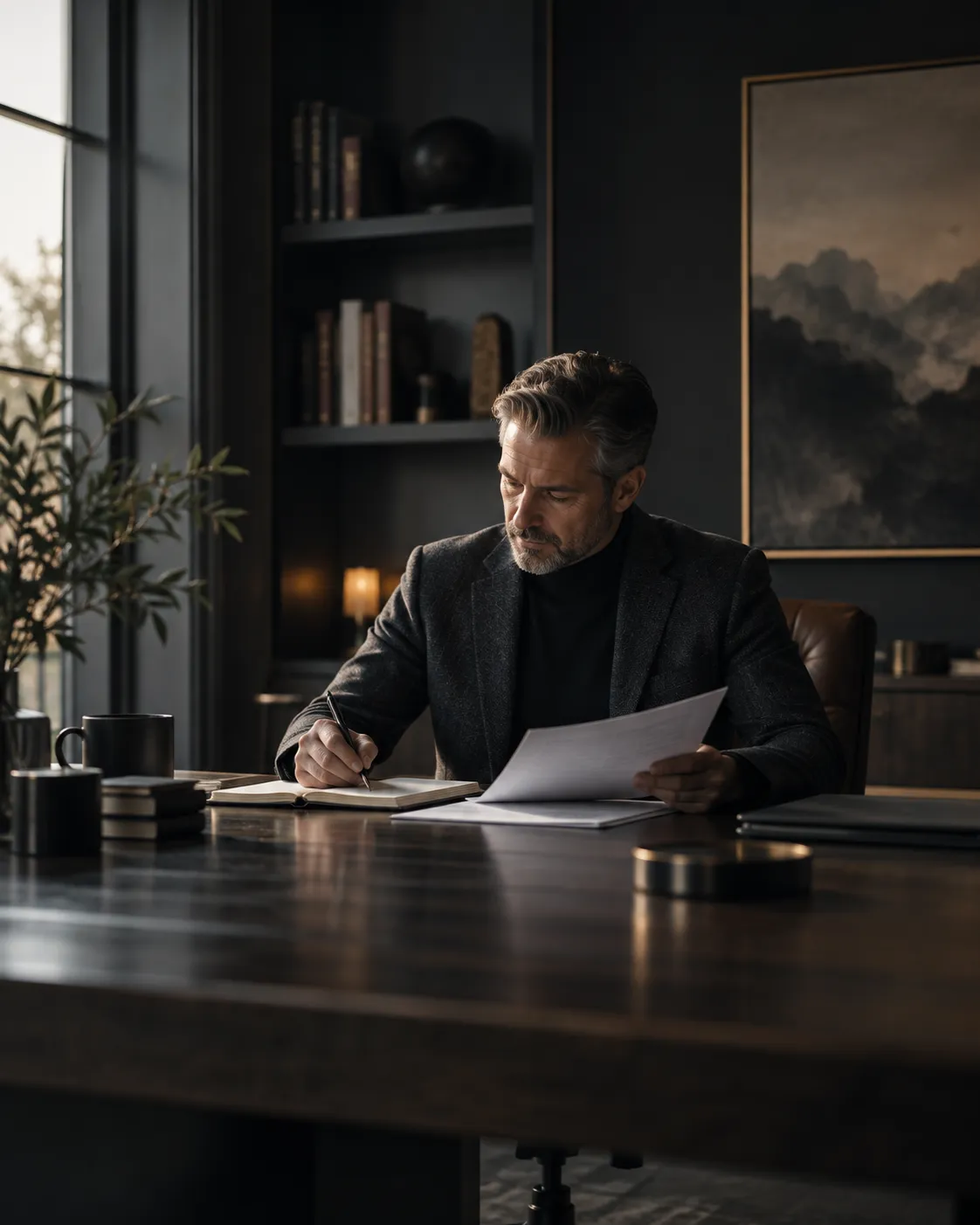 A person working through documents at a desk in a quiet office
