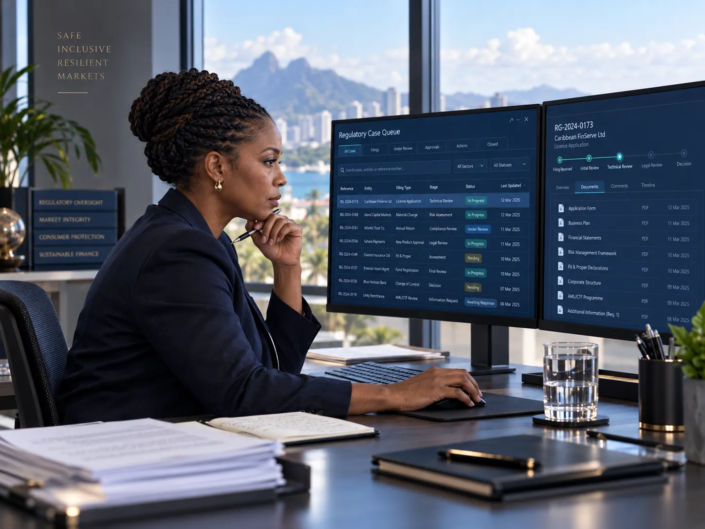 Regulatory officer reviewing a case queue and supporting documents across two screens