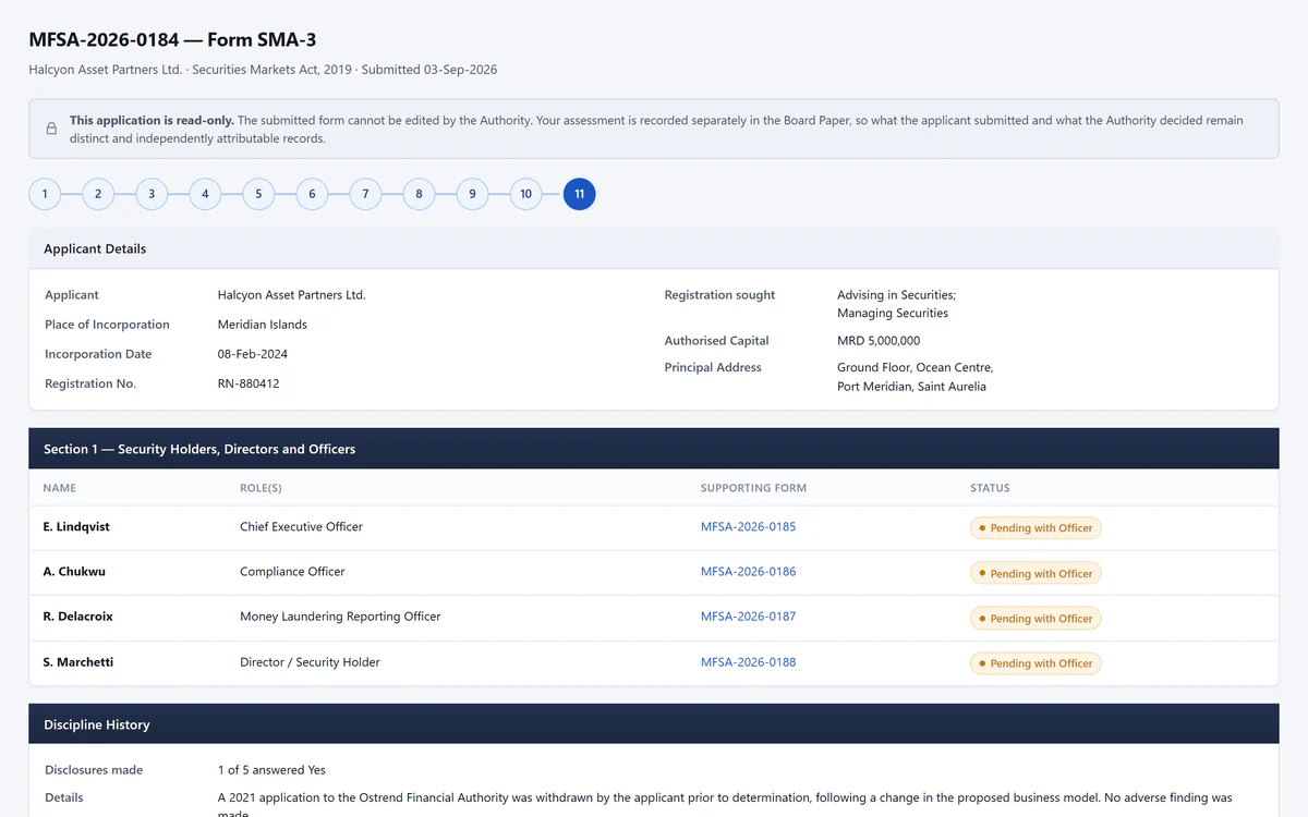 An officer reviews a read-only registration application with its four linked individuals, each pending assessment; sample non-confidential data.