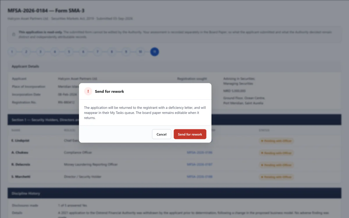 The Send for rework confirmation: the application will be returned to the registrant with a deficiency letter and reappear in their task queue; sample non-confidential data.