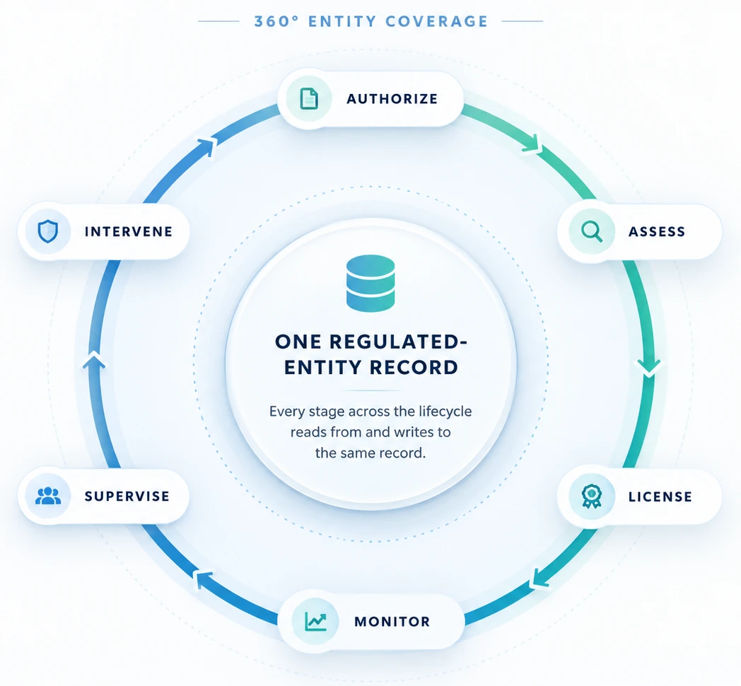 One regulated-entity record connecting authorisation, assessment, licensing, monitoring, supervision and intervention.